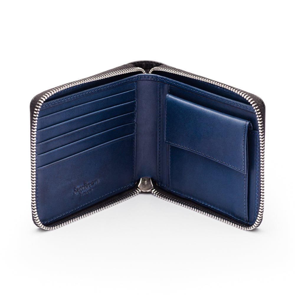 Men's leather zip wallet with coin purse, black with cobalt, open