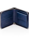 Men's leather zip wallet with coin purse, black with cobalt, open