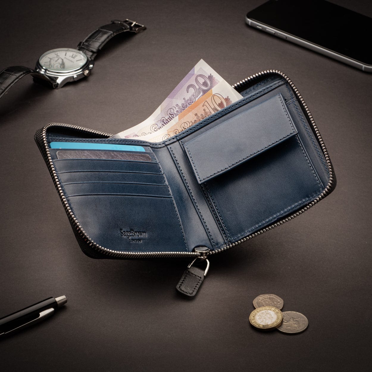 Men's leather zip wallet with coin purse, black with cobalt, lifestyle