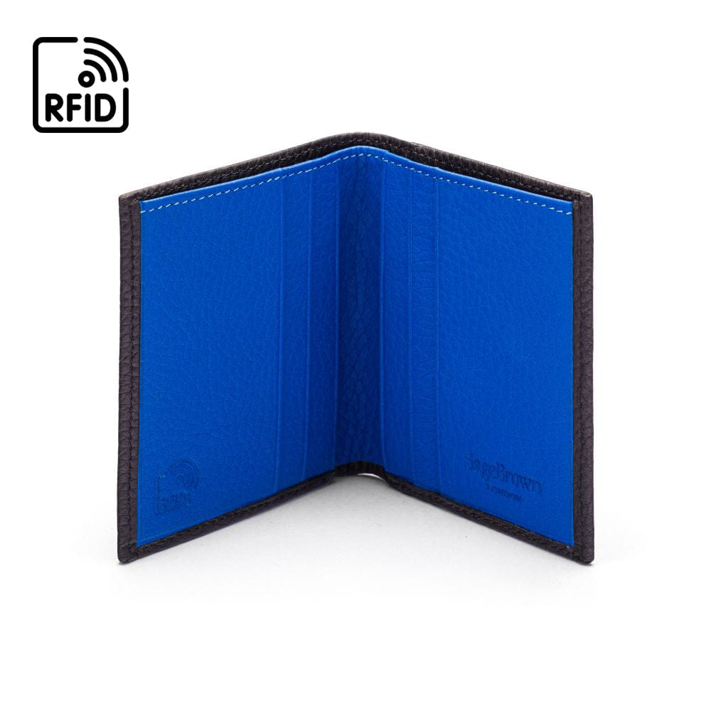 RFID leather wallet with 4 CC, black with cobalt, inside