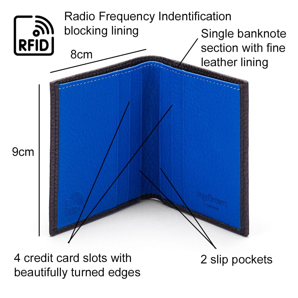 RFID leather wallet with 4 CC, black with cobalt, features