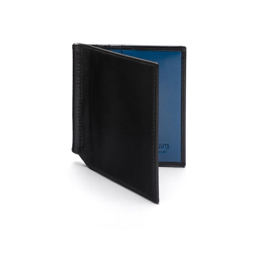 Black With Cobalt Compact Leather Money Clip Wallet