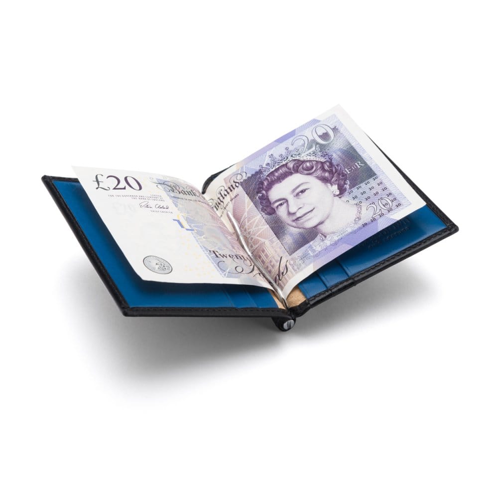 Black With Cobalt Compact Leather Money Clip Wallet