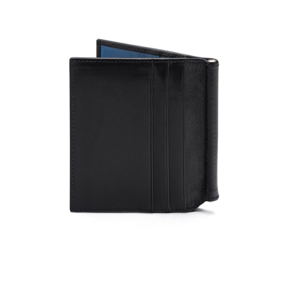 Black With Cobalt Compact Leather Money Clip Wallet