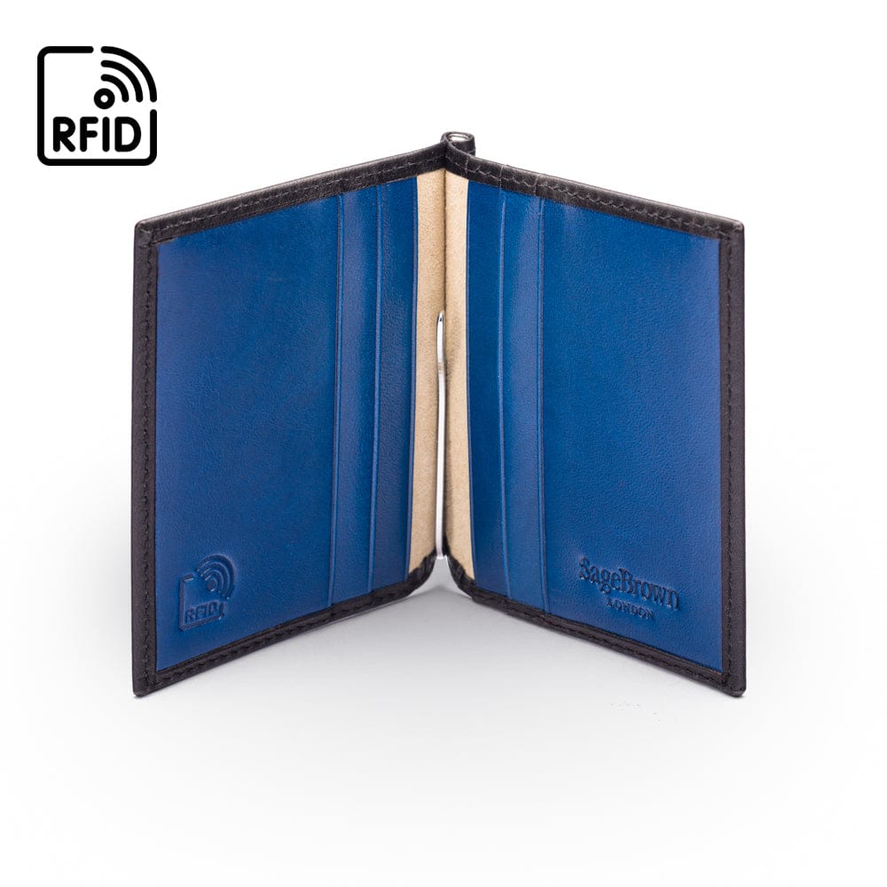 Clip wallet for men, black with cobalt, inside view