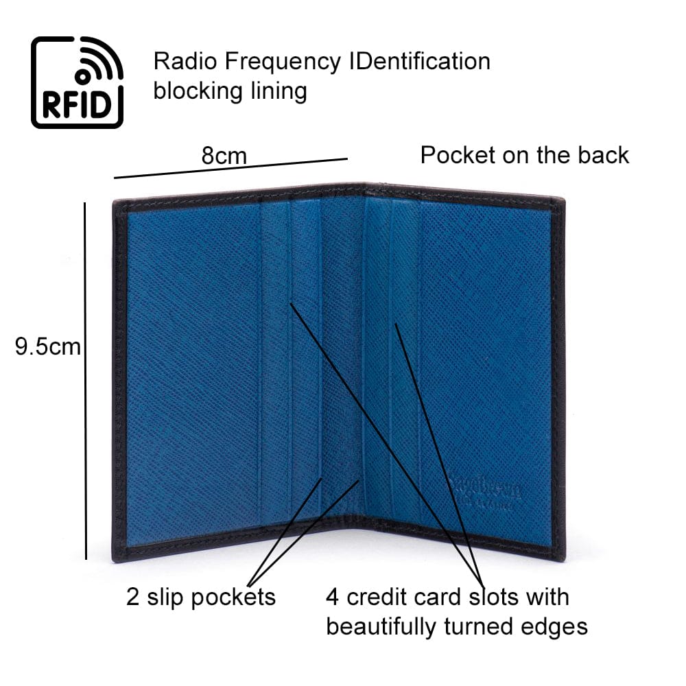 RFID leather credit card wallet, black with cobalt, features