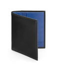 Leather compact billfold wallet 6CC, black with cobalt, front