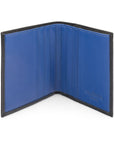 Leather compact billfold wallet 6CC, black with cobalt, open