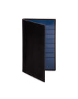 Slim tall leather suit wallet, black croc with cobalt, front