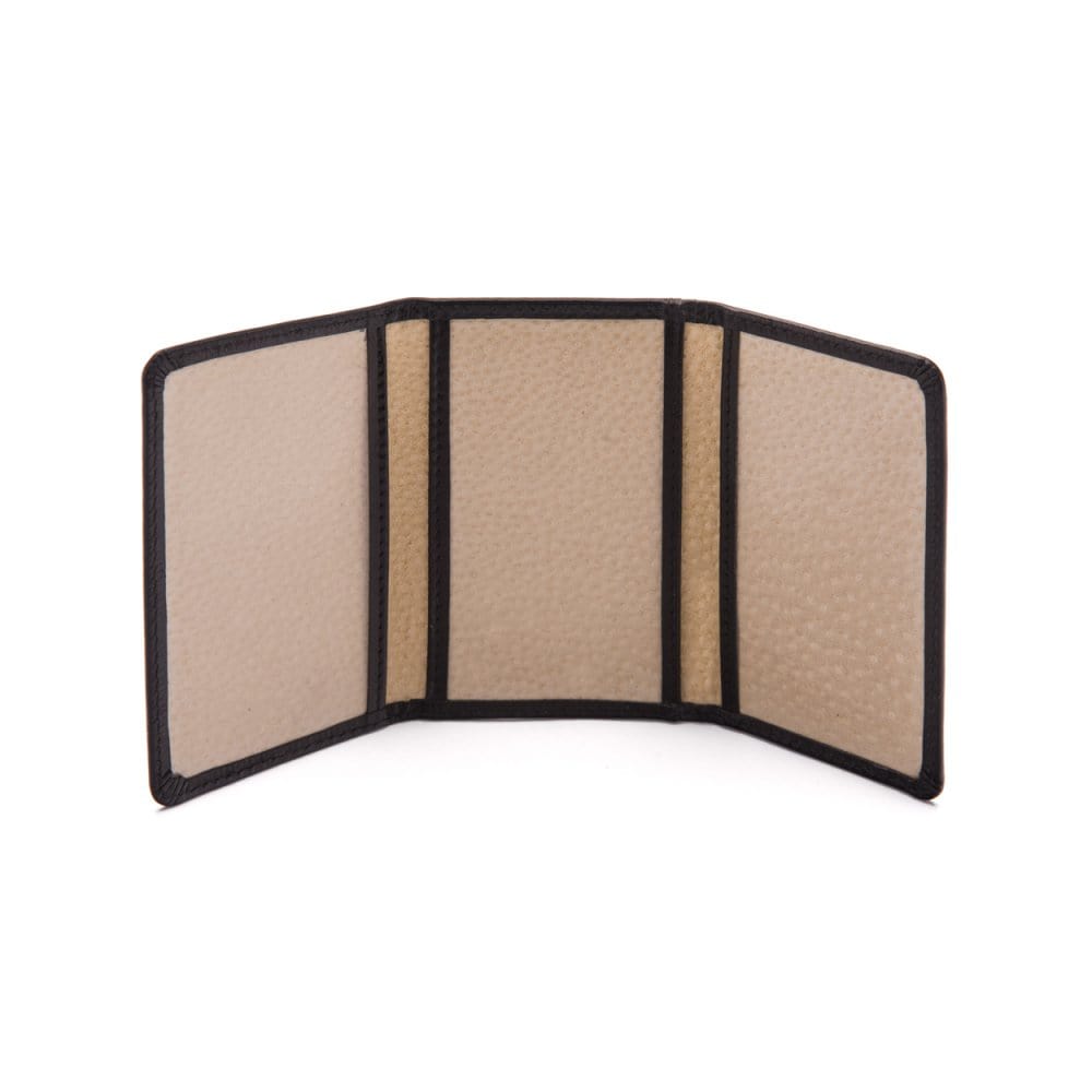 Leather tri-fold travel card holder, black with cream, open
