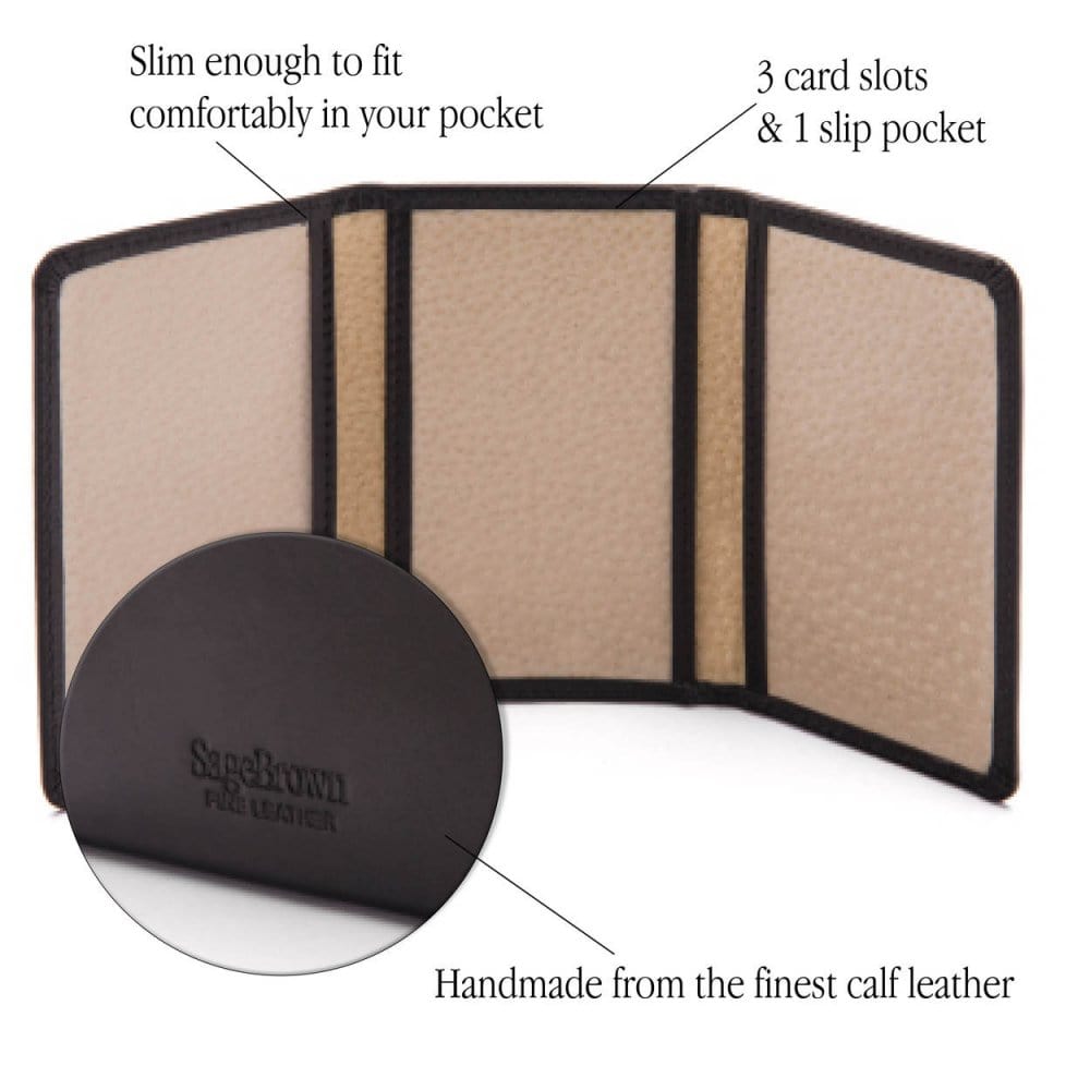 Leather tri-fold travel card holder, black with cream, features
