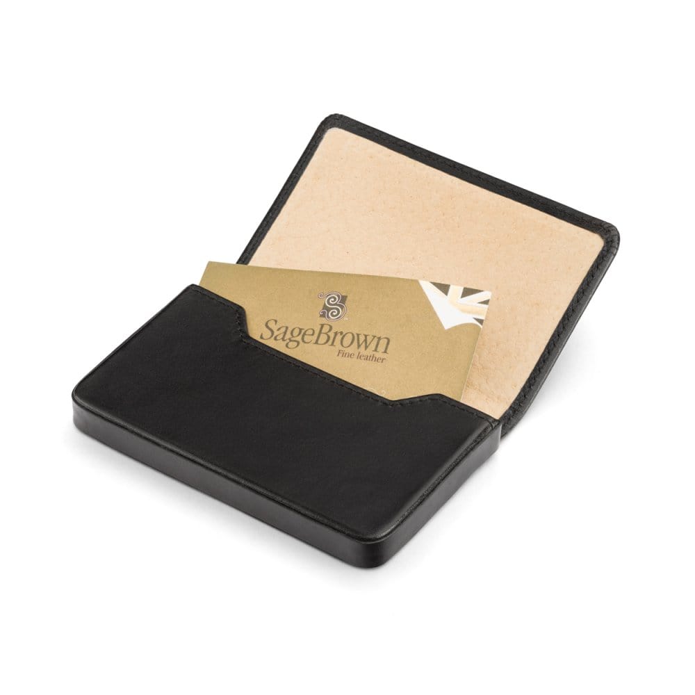 Leather business card holder with magnetic closure, black with cream, inside