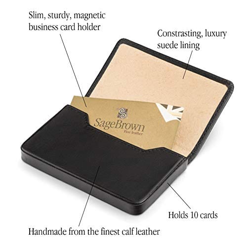 Leather business card holder with magnetic closure, black with cobalt, features