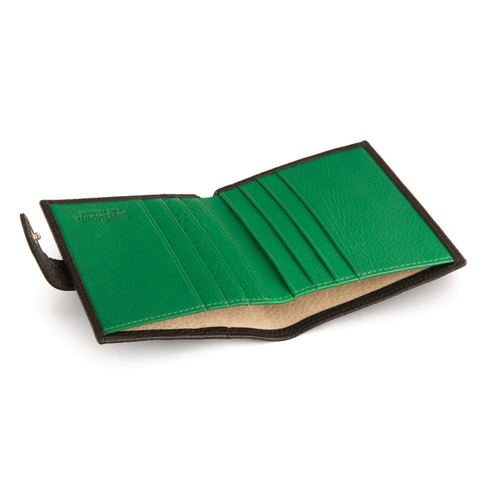 Compact leather billfold wallet with tab, black with green, open