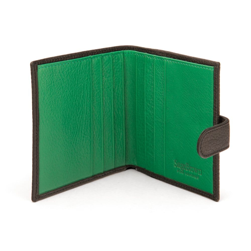 Compact leather billfold wallet with tab, black with green, open