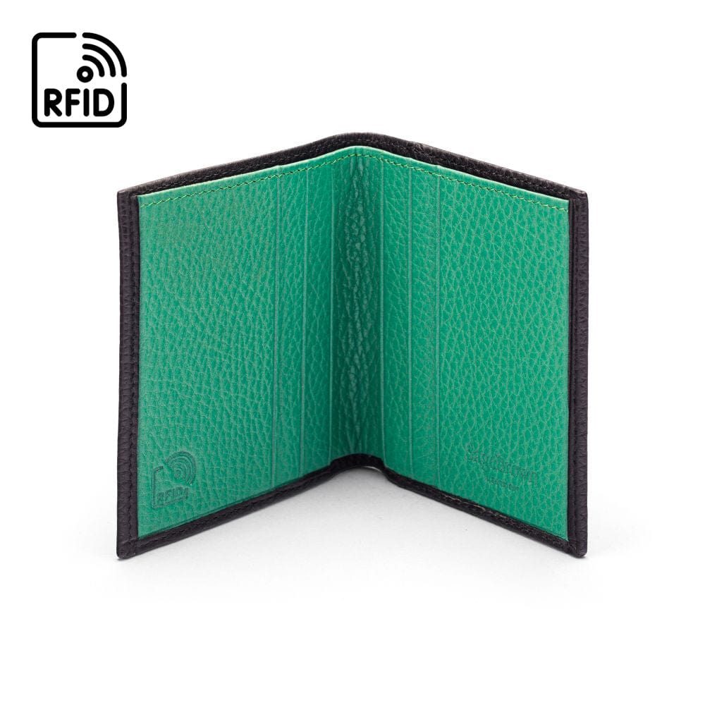 RFID leather wallet with 4 CC, black with green, open