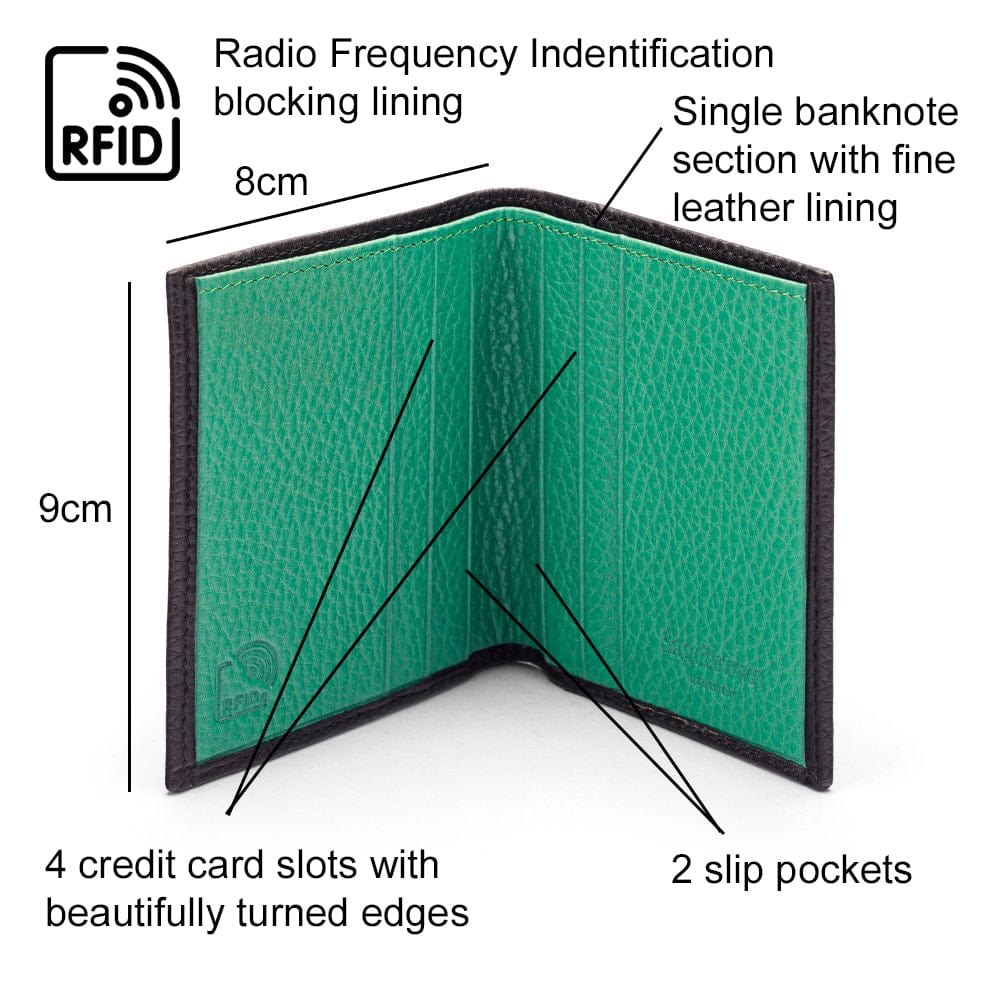 RFID leather wallet with 4 CC, black with green, features