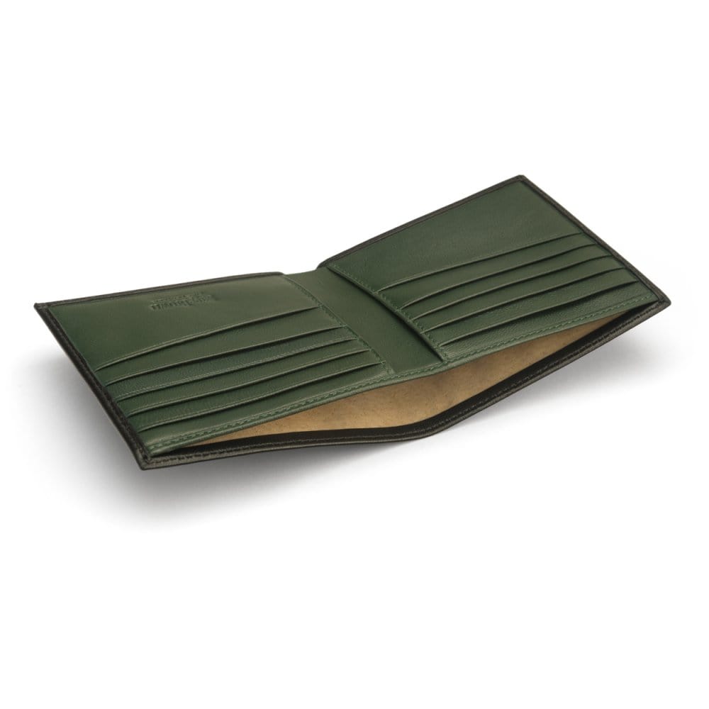 Soft leather wallet with RFID blocking, black with green, inside