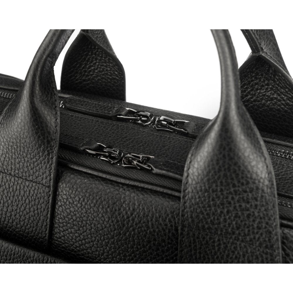 15" leather laptop briefcase, black, front, with gunmetal zips