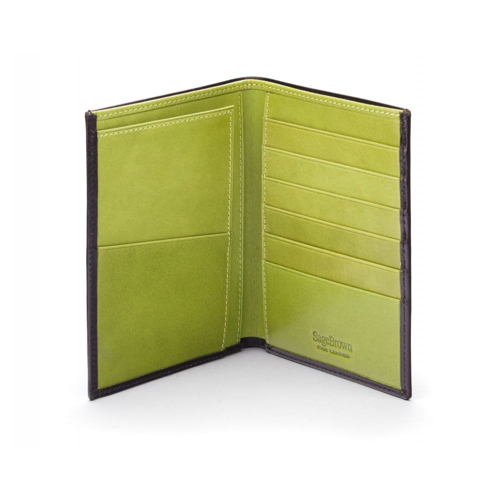 3/4 length tall bifold wallet with 6 CC, black with lime, open