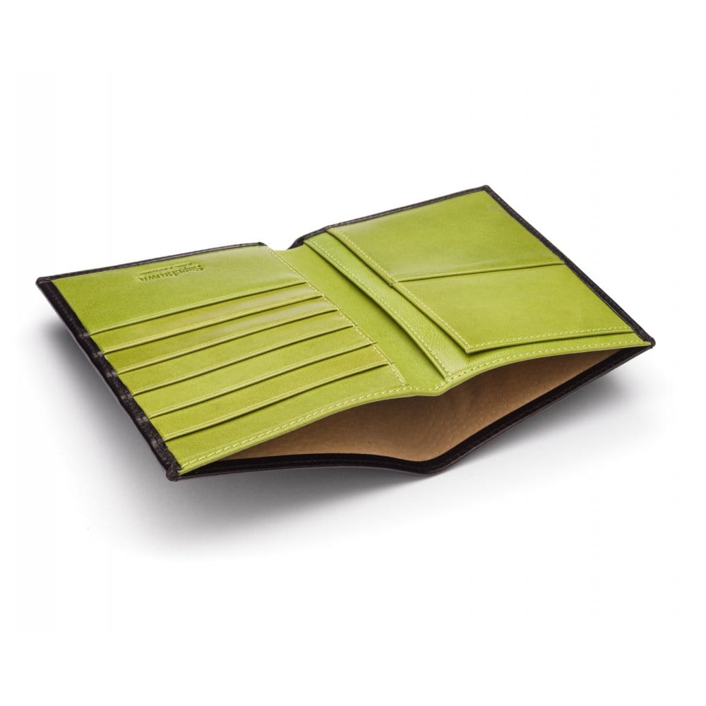 3/4 length tall bifold wallet with 6 CC, black with lime, inside