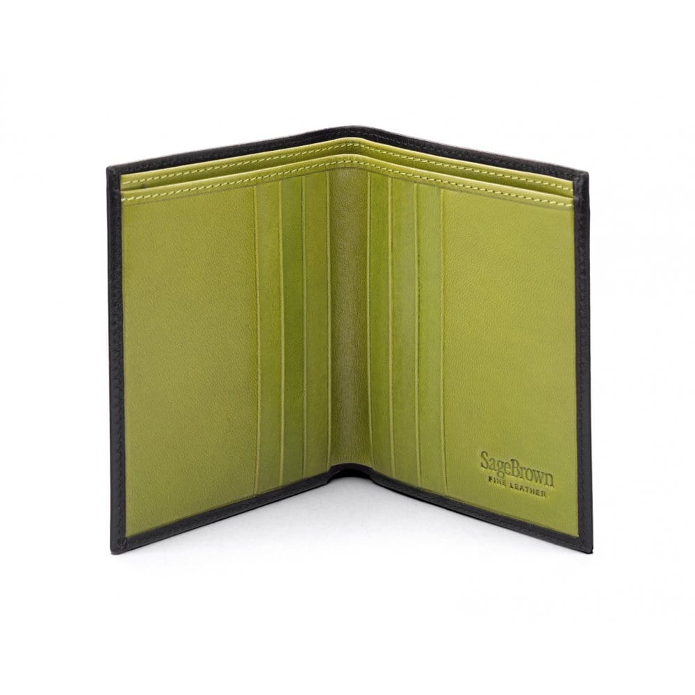 Bifold leather wallet with 6 credit cards, black with lime, open