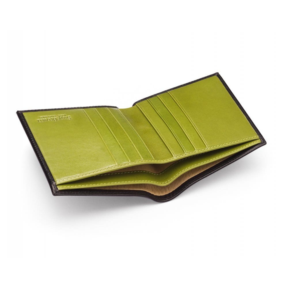 Bifold leather wallet with 6 credit cards, black with lime, inside
