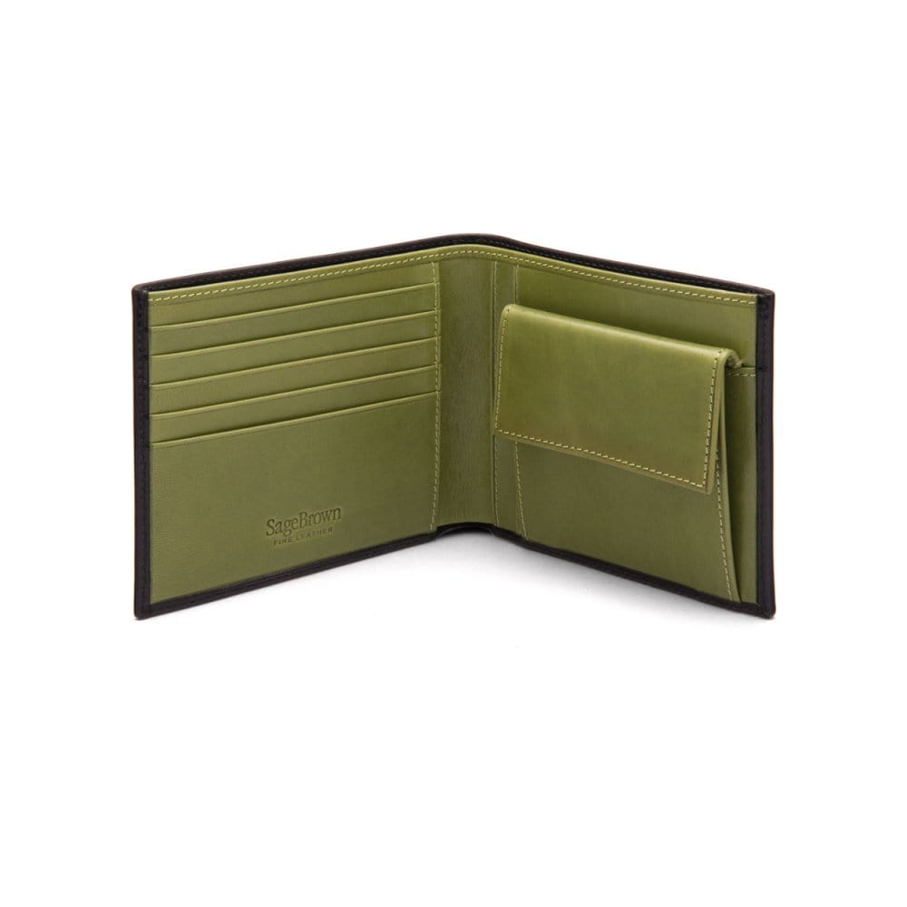 Leather wallet with coin purse, black with lime, open