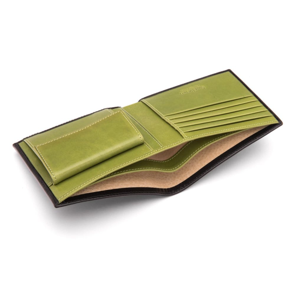 Leather wallet with coin purse, black with lime, inside