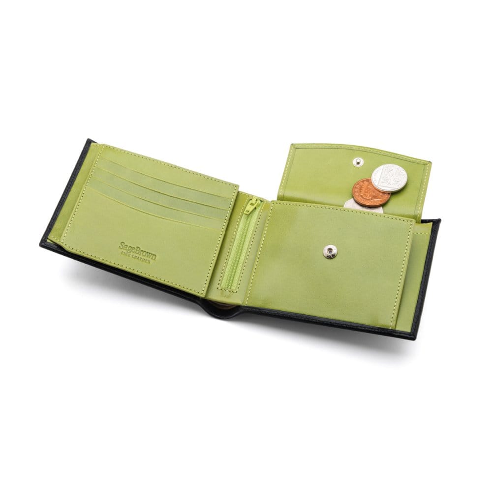 Leather coin wallet, black with lime, inside