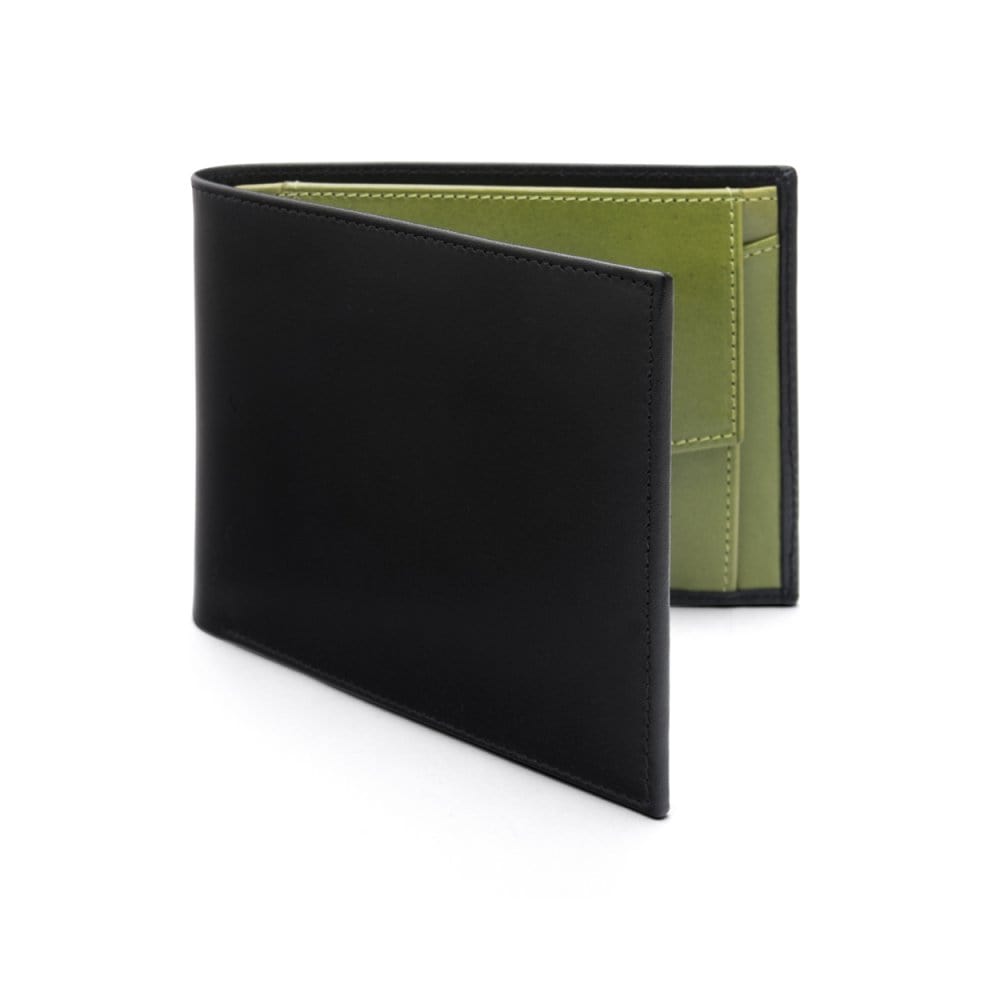 Leather coin wallet, black with lime, front