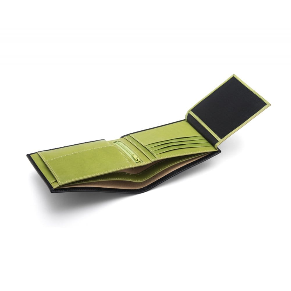 Leather coin wallet, black with lime, interior