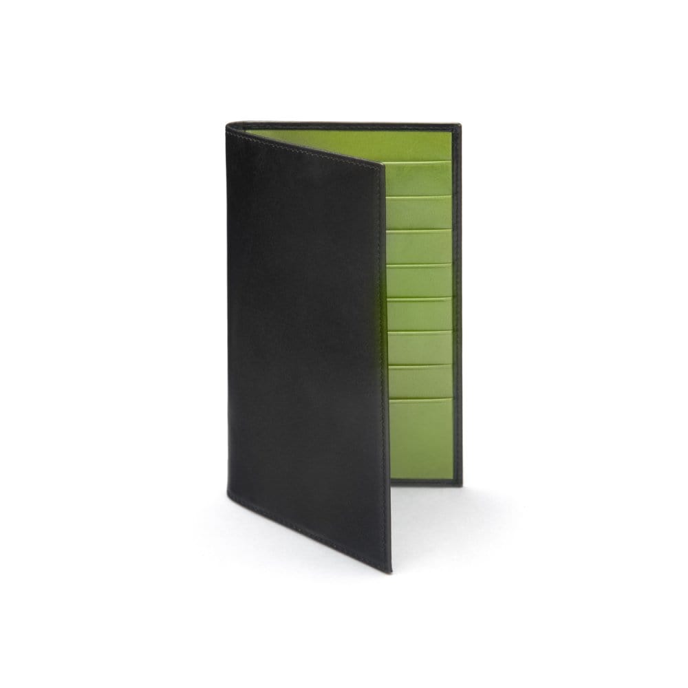 Tall leather suit wallet 10 CC, black with lime, front