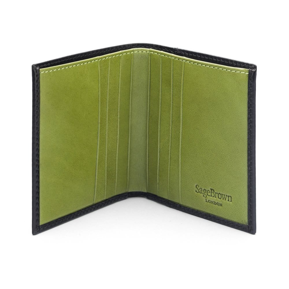 Leather compact billfold wallet 6CC, black with lime, open