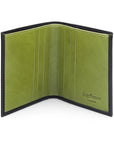 Leather compact billfold wallet 6CC, black with lime, open