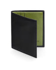 Leather compact billfold wallet 6CC, black with lime, front