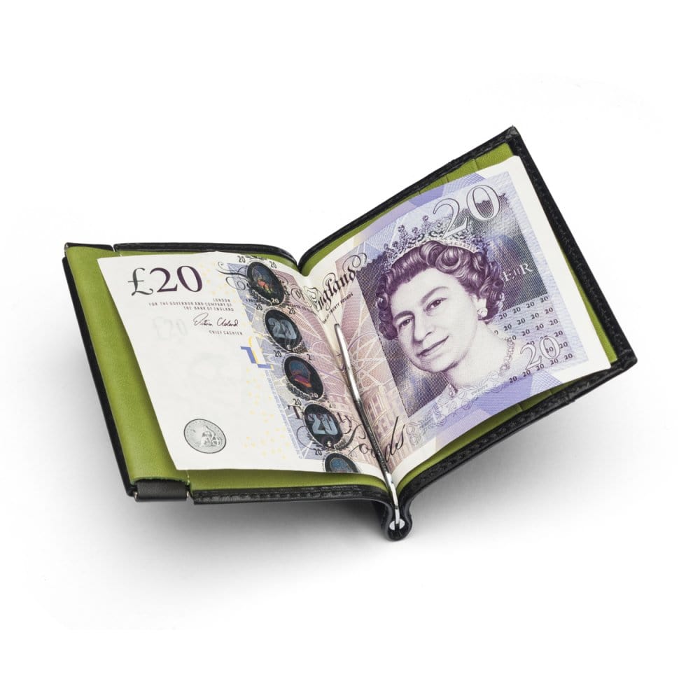 Leather money clip wallet with coin purse, black with lime, inside
