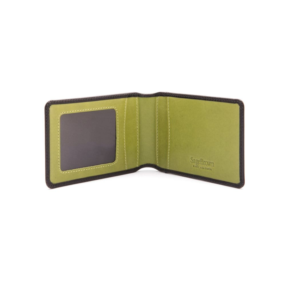 Leather travel card wallet, black with lime, open