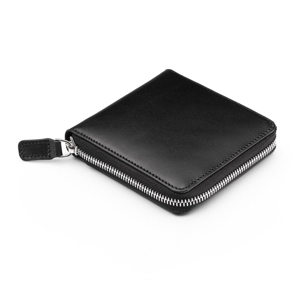 Men's leather zip wallet with coin purse, black with lime, front