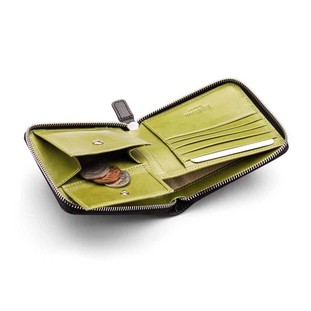 Men's leather zip wallet with coin purse, black with lime, inside