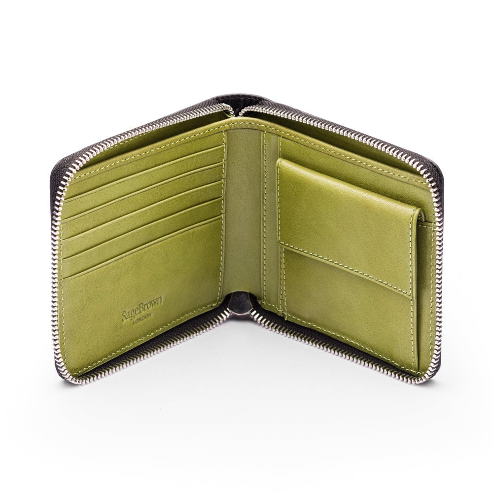 Men's leather zip wallet with coin purse, black with lime, open