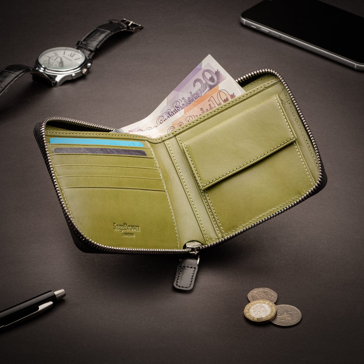 Men's leather zip wallet with coin purse, black with lime, lifestyle
