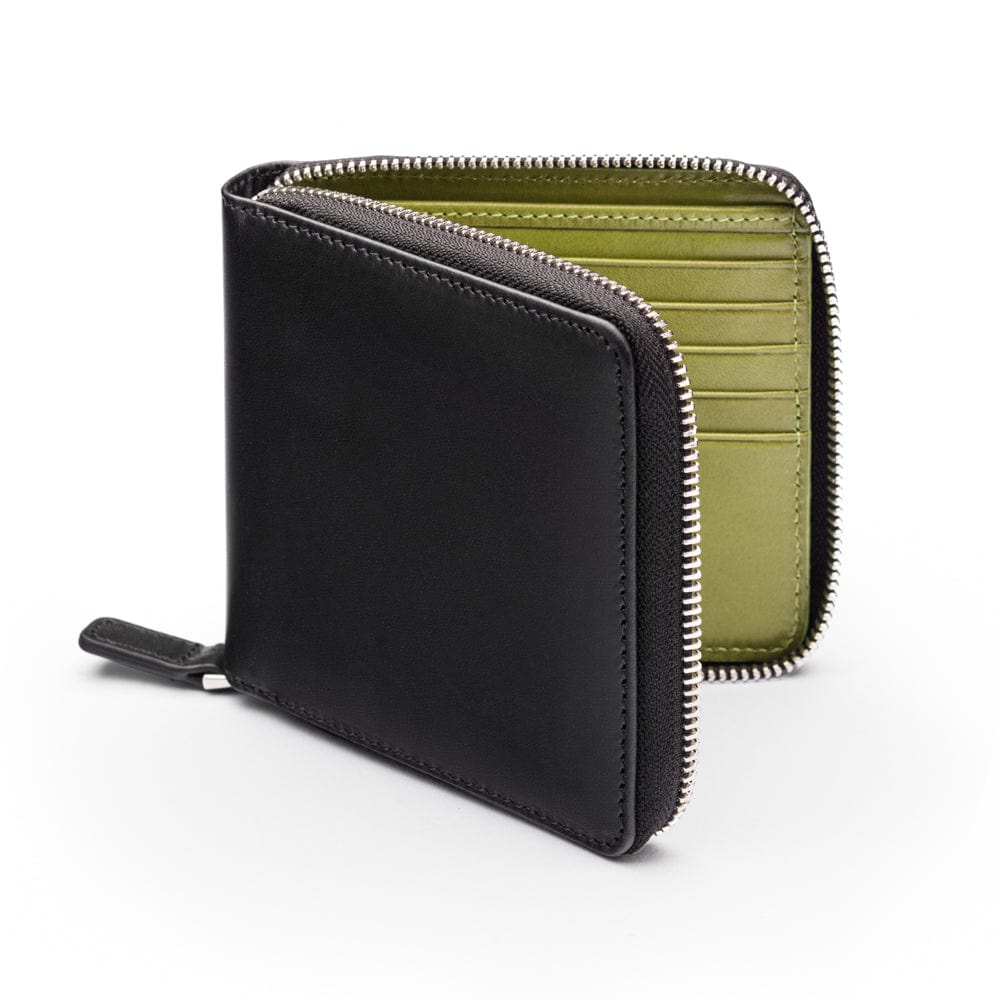 Men's leather wallet with zip around closure, black with lime,, front