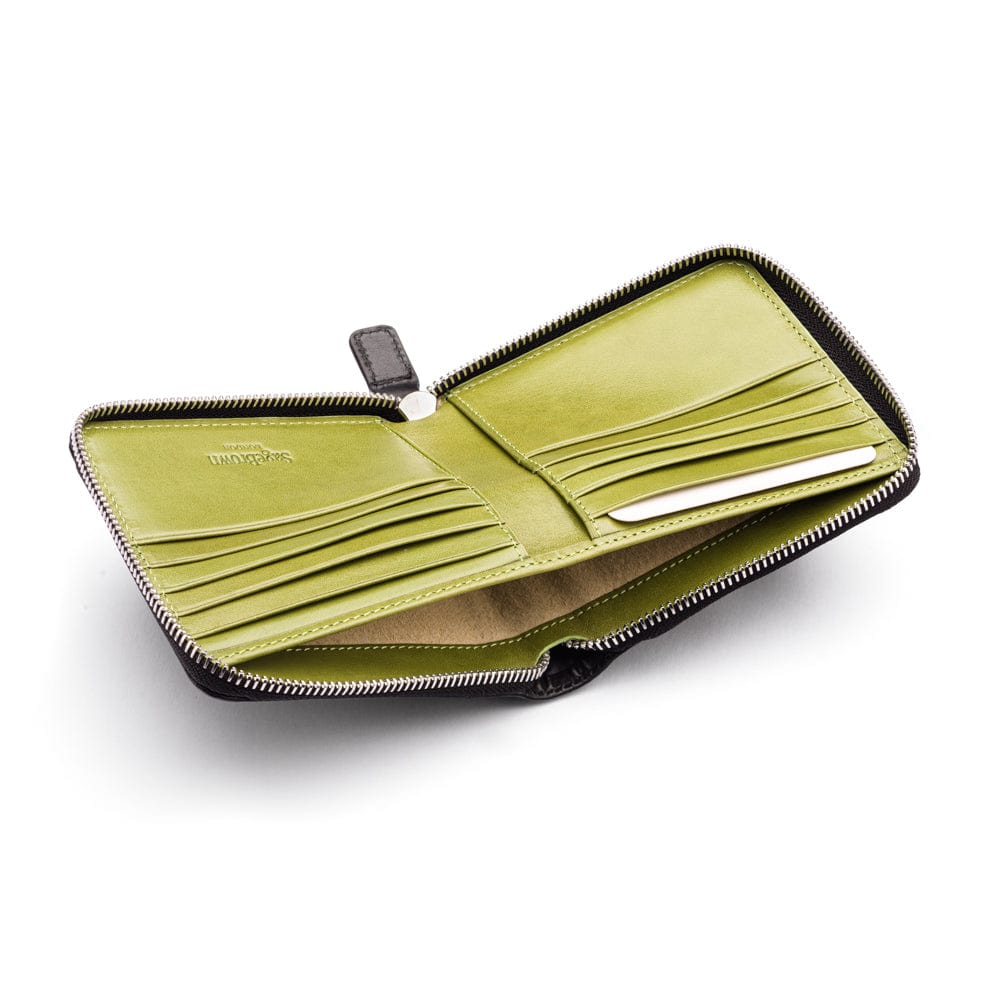 Men's leather wallet with zip around closure, black with lime,, inside
