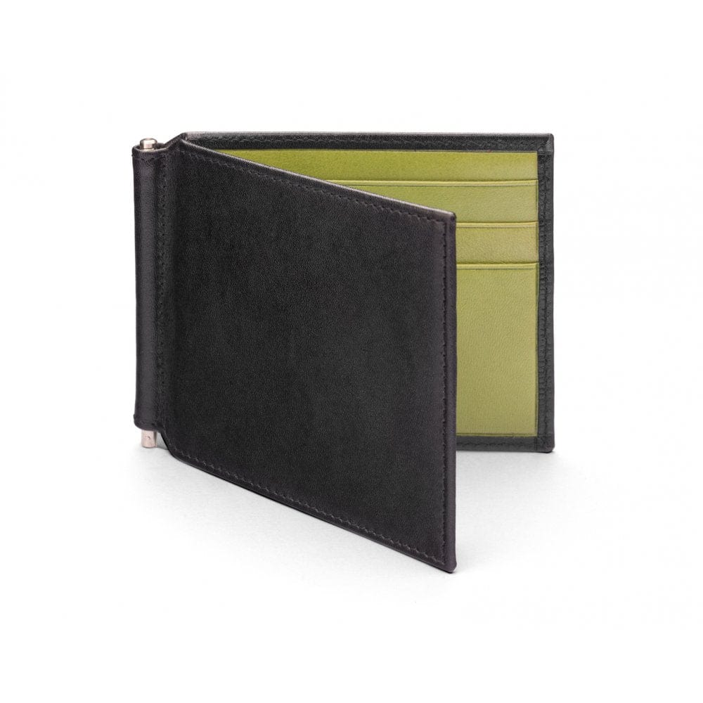 Black With Lime Compact Leather Wallet With Money Clip