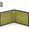 Leather money clip wallet, black with lime, open view
