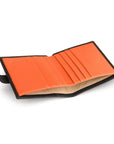 Compact leather billfold wallet with tab, black with orange, inside