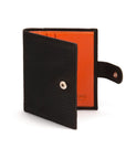 Compact leather billfold wallet with tab, black with orange, front
