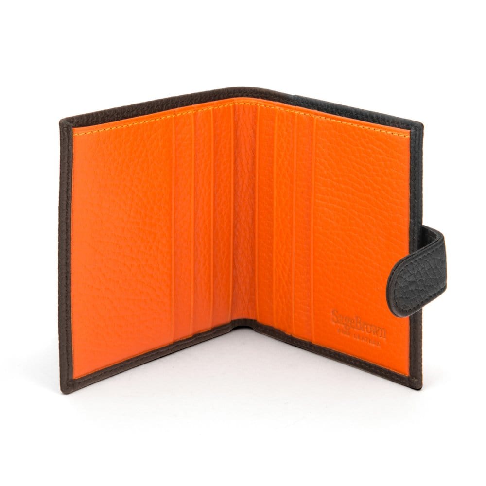 Compact leather billfold wallet with tab, black with orange, open