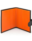 Compact leather billfold wallet with tab, black with orange, open